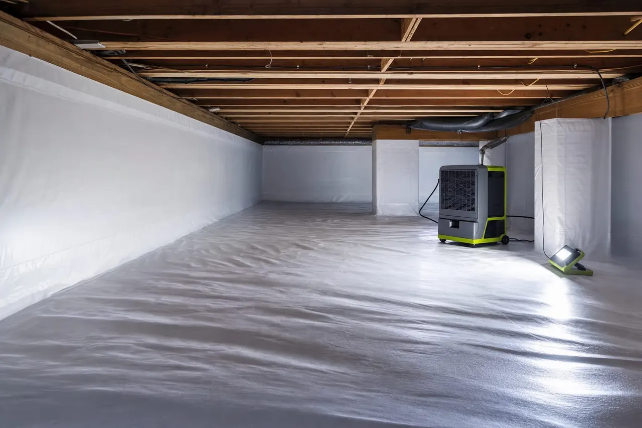 Crawl space with white floor and wall coverings and a freestanding unit.