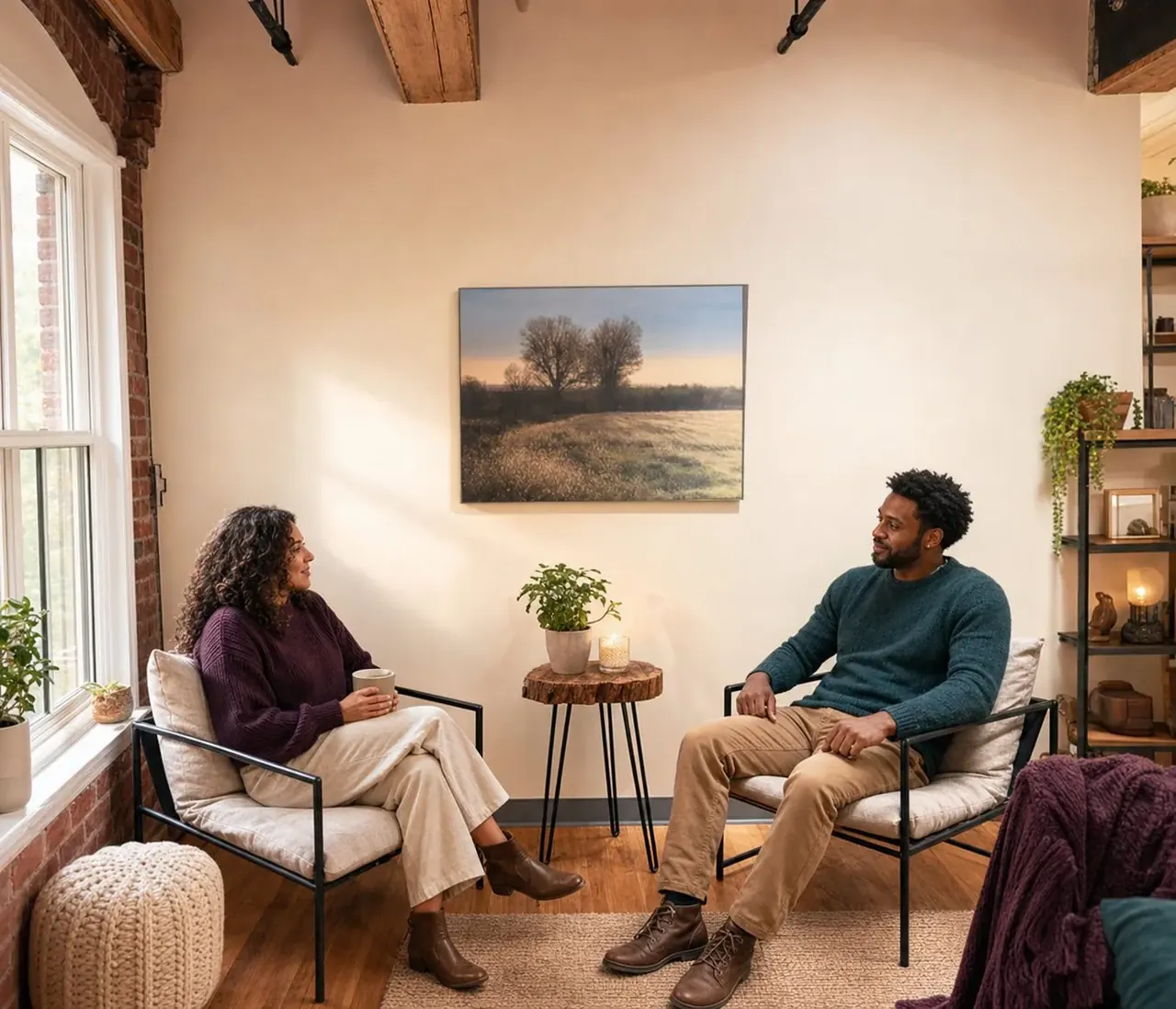 Two adults seated in a bright room with plants and artwork.
