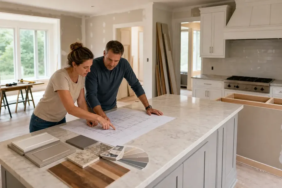 Reviewing Kitchen Renovation Plans and Material Samples Two adults review floor plans on a kitchen island beside cabinet, countertop, wood, and color samples in a partially finished kitchen with white cabinetry and unfinished walls.