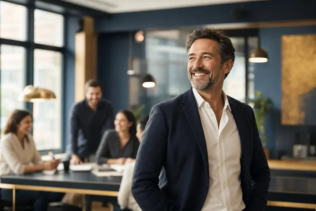 A man standing in an office with people seated at a table behind him.