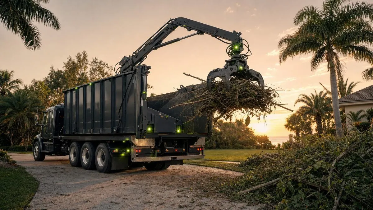 Grapple truck lifting a pile of branches near palm trees.