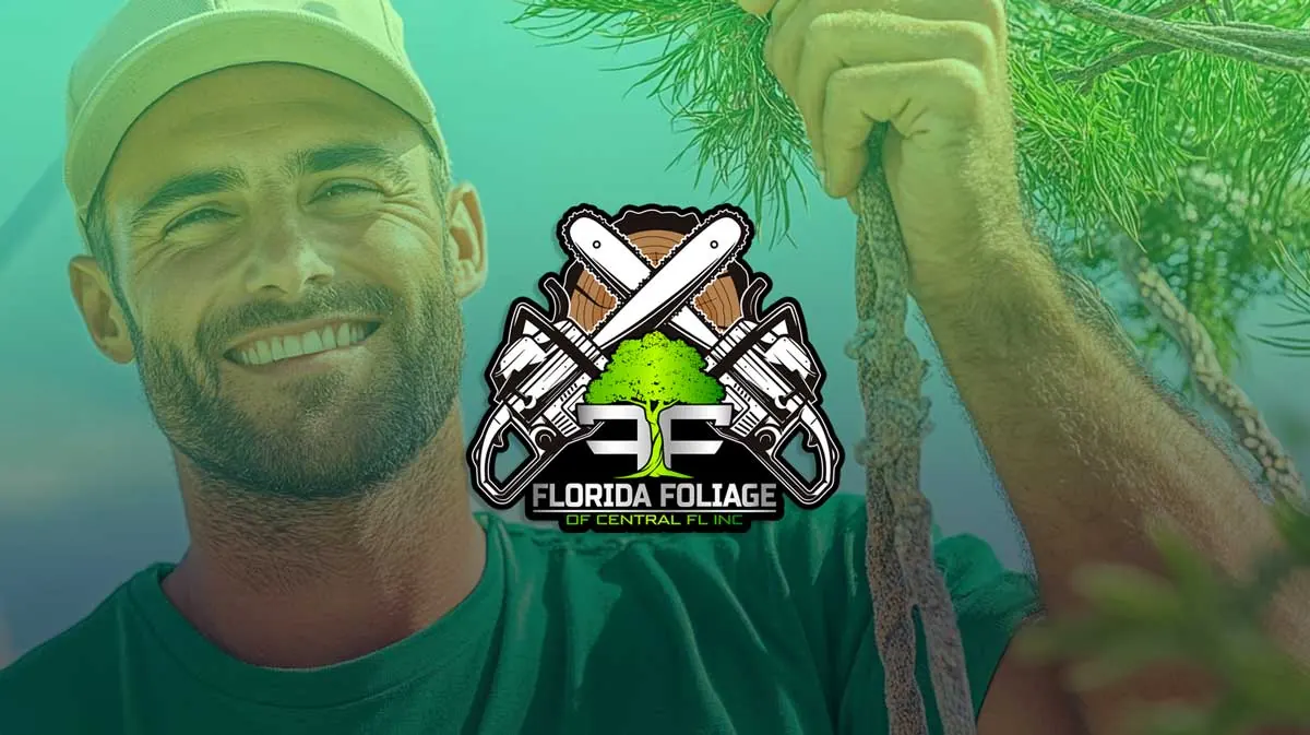 Florida Foliage logo over an image of a man beside a tree.