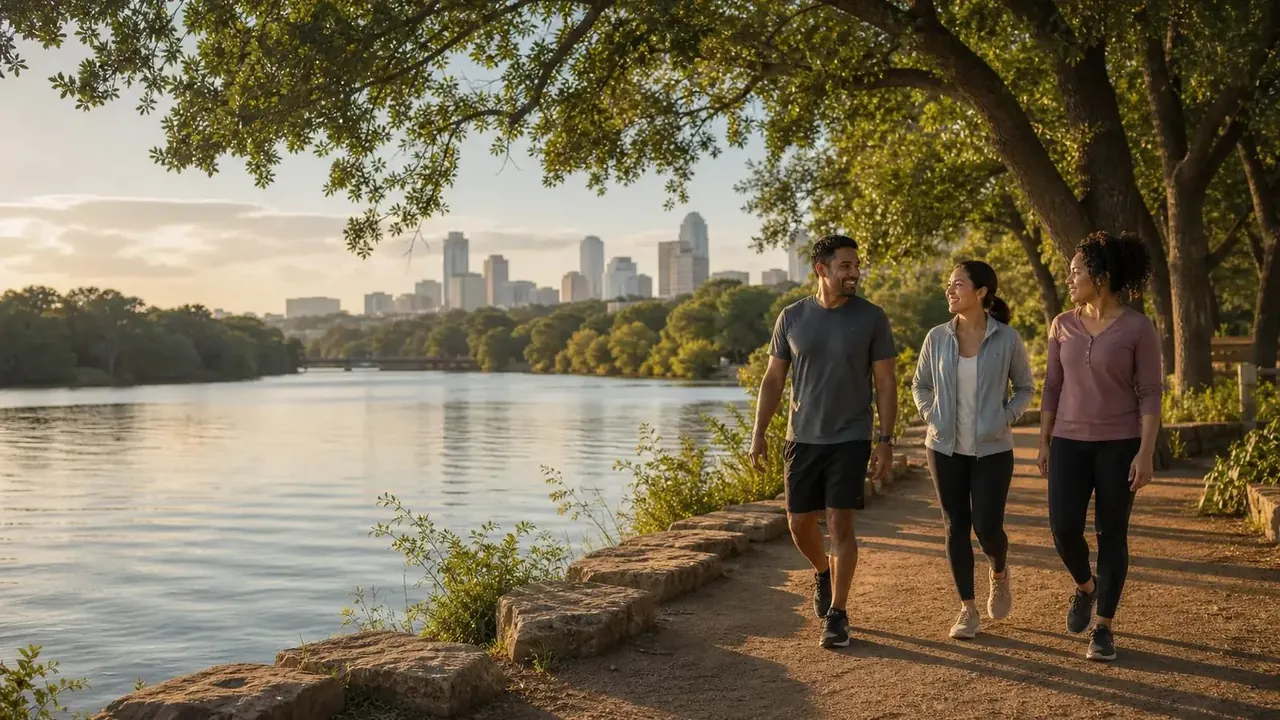 Three adults walking on a shaded path beside a lake.