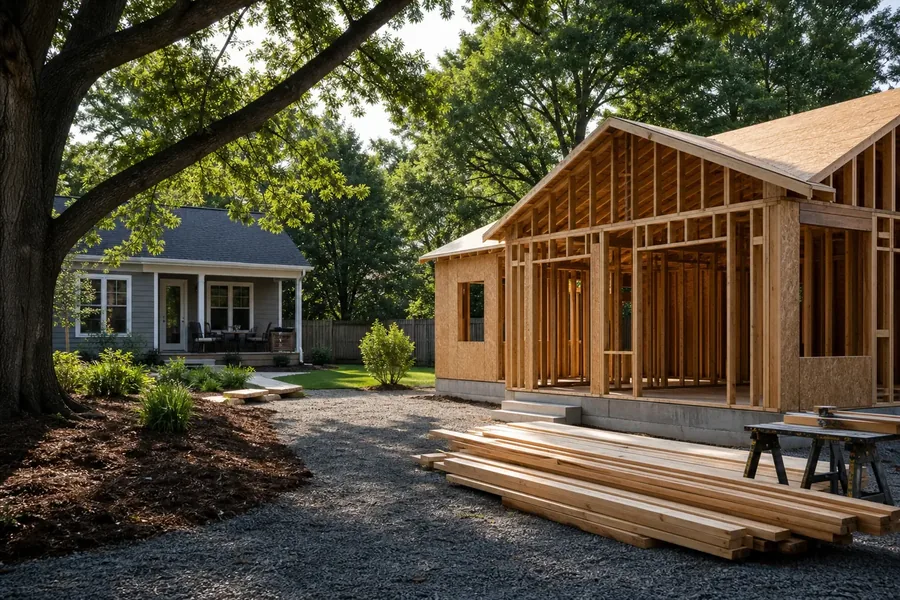Source image for CDG Guide Connects ADU Privacy Questions With Everyday Yard Use A wood-framed building beside a shaded yard with another home in the background