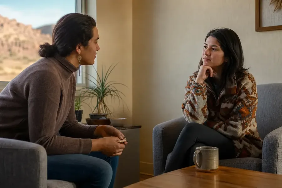 A supportive conversation about anxiety in recovery Two adults sit facing each other in armchairs during a serious conversation, with one listening thoughtfully and a mug on the table.