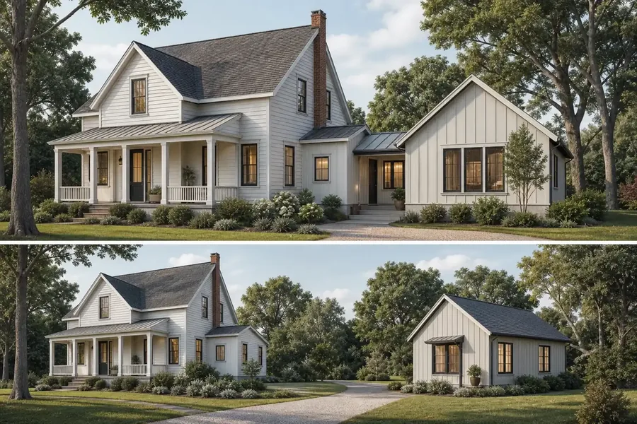 Concept comparison of attached and detached ADU layouts Two concept views comparing an attached dwelling wing with a separate small dwelling