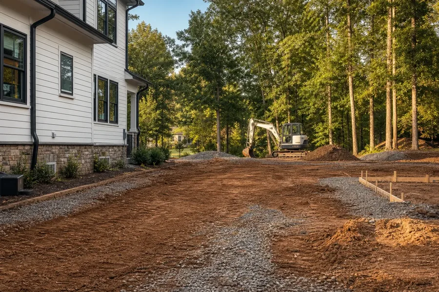 Source image for CDG Guide Frames Attached and Detached ADU Comparisons Around Shared Inputs A cleared soil area beside a house with an excavator among trees in the background