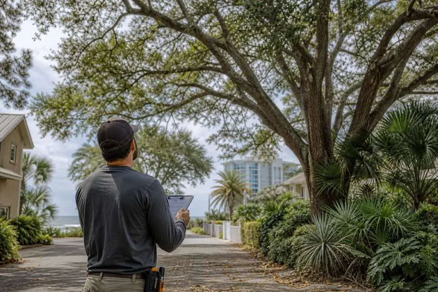 A person holding a clipboard beneath trees beside a driveway and house.