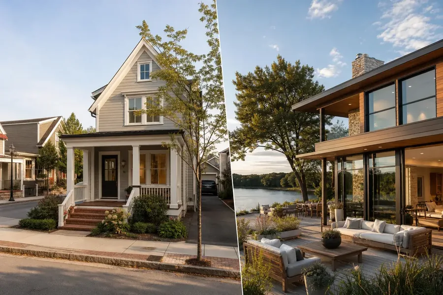 Split-screen comparison of a narrow traditional house on a sidewalk-lined residential street and a modern home with an outdoor patio overlooking water.