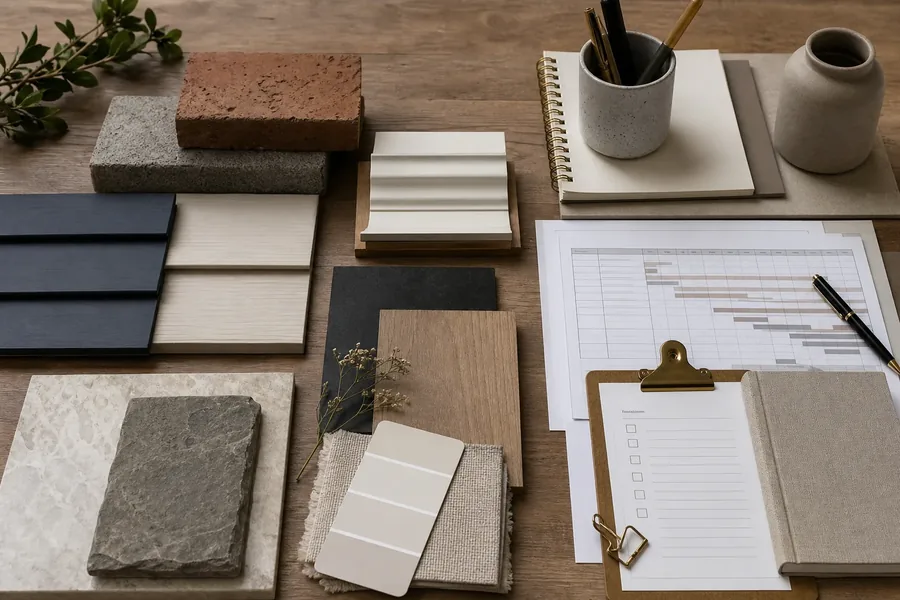 Overhead view of a wooden planning table with stone, brick, wood, fabric, paint, and siding samples arranged beside a notebook, pens, checklist, and project schedule.
