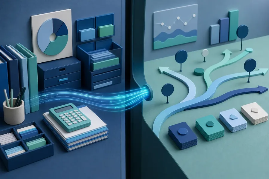Stylized split-scene illustration with a calculator, files, and a pie chart on the left, connected by glowing lines to branching arrows, charts, and decision markers on the right.