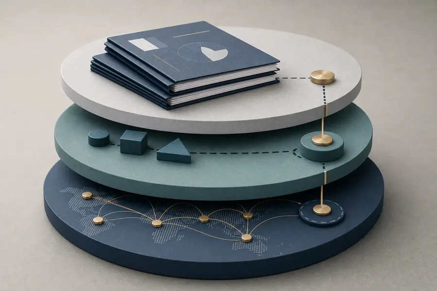 Layered circular platforms featuring financial reports with chart graphics, geometric process markers, and a connected world map with gold nodes