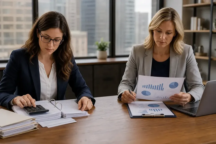Two businesswomen review financial documents at an office table, one using a calculator and the other holding a page of charts beside a laptop.