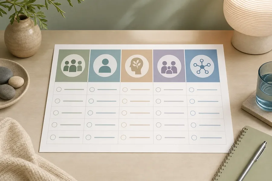 Five-column comparison worksheet with icons for groups, an individual, mental health, support, and connections, arranged on a desk with a notebook, pen, plant, stones, lamp, and glass of water