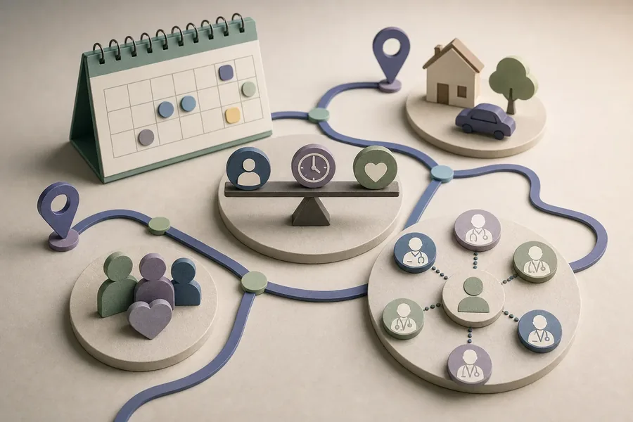Stylized planning scene with a calendar, connected route lines, location pins, a home and car, a support group, a care team network, and a balance scale showing person, time, and heart icons.