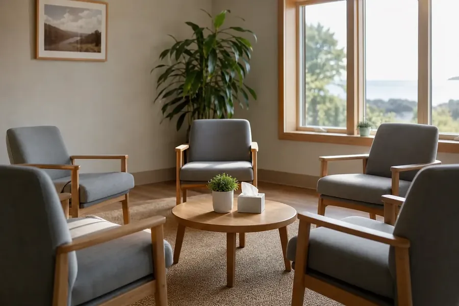Group therapy room with chairs arranged in a circle Five gray armchairs arranged in a circle around a wooden table with a tissue box and small plant in a bright counseling room.