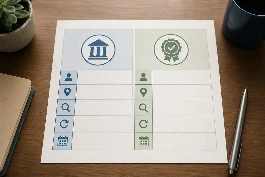Compare Licensing and Accreditation Blank two-column comparison worksheet with a government-building icon on one side and a certification badge on the other, arranged on a wooden desk with a pen, notebook, plant, and mug