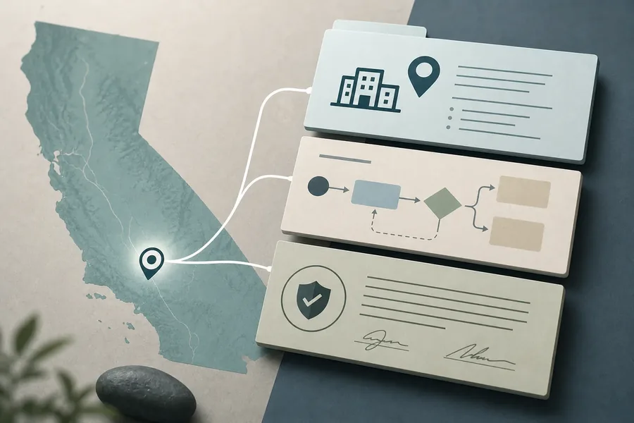 Comparing California Rehab Credentials Stylized California map with a location marker connected to cards showing a facility icon, a comparison flowchart, and a verified document