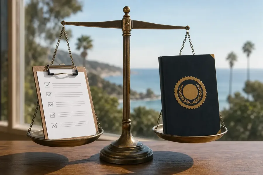 Comparing Rehab Licensing and Accreditation Credentials A brass balance scale holds a clipboard with a checked checklist on one side and a dark certificate folder with a gold seal on the other, set against a blurred coastal view with palm trees.