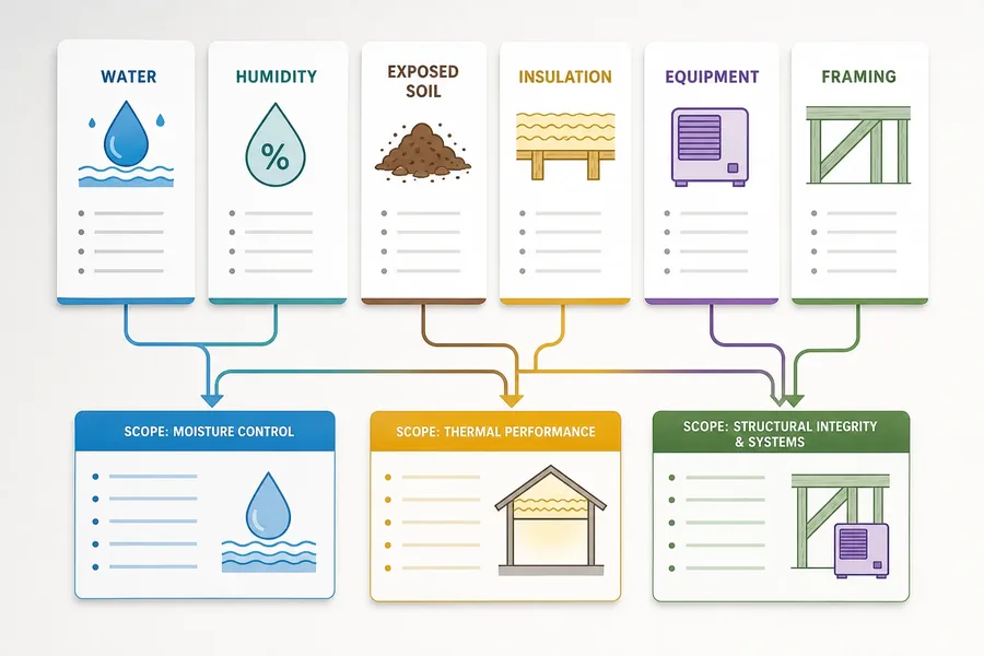 Mapping crawl space conditions to proposal scope categories Illustrated flowchart with cards for water, humidity, exposed soil, insulation, equipment, and framing connected by colored lines to moisture control, thermal performance, and structural integrity and systems scope categories.