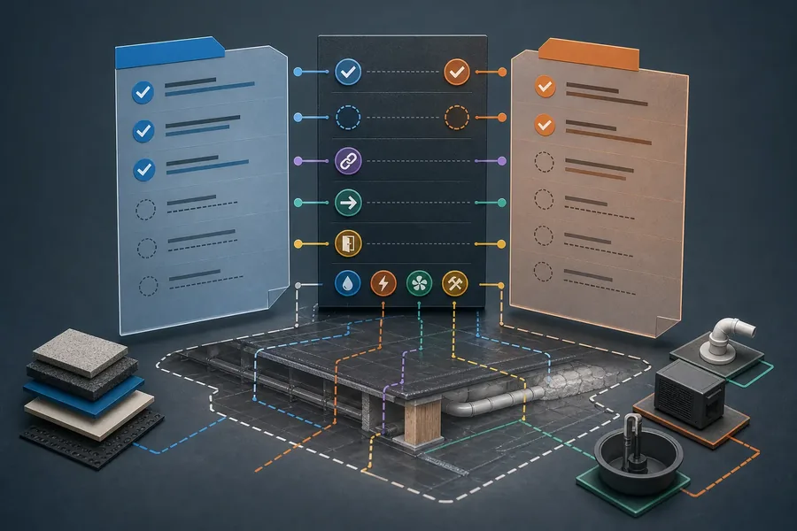 Comparing crawl space proposal scope Stylized 3D illustration of two checklist documents connected through a comparison panel to a crawl space cross-section, material layers, ductwork, ventilation equipment, and a sump pump.