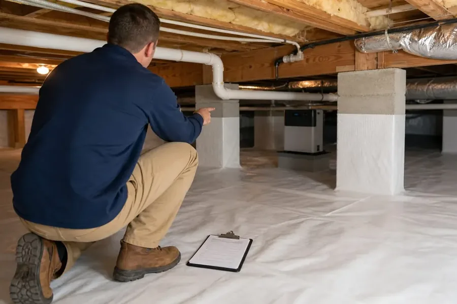 Inspecting conditions in a lined crawl space A person crouches beside a clipboard in a crawl space with white floor lining, support piers, pipes, ductwork, and equipment.