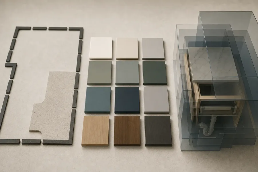 Kitchen Renovation Layout, Finish Selections, and Hidden Components Concept rendering with a segmented floor-plan outline and stone slab on the left, twelve finish samples in the center, and a cabinet cutaway with plumbing inside overlapping translucent boxes on the right.