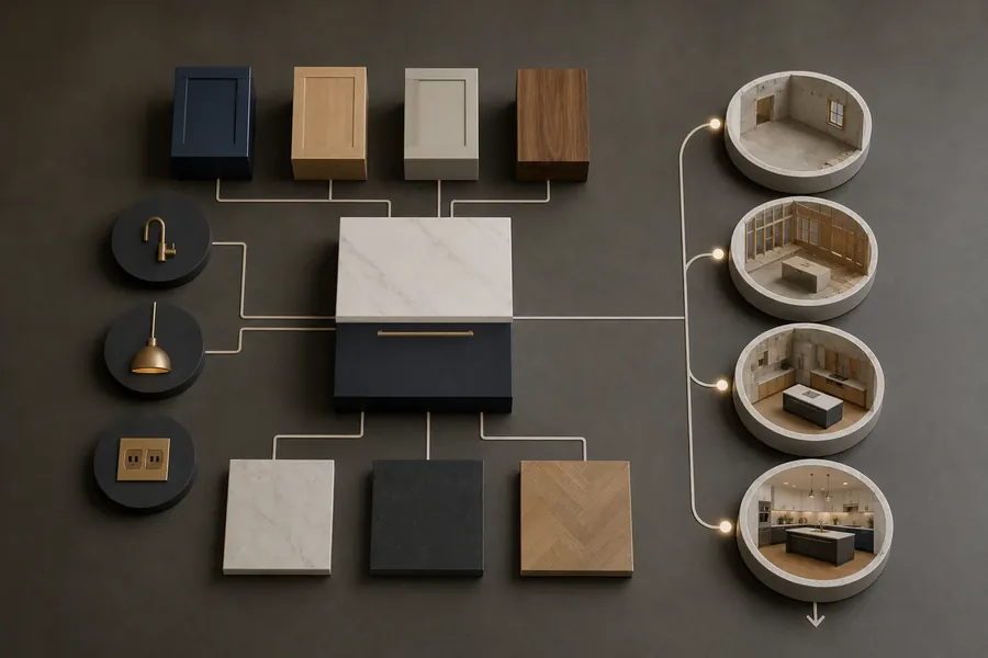 Kitchen Material Choices and Renovation Stages Concept illustration connecting cabinet door samples, a brass faucet, pendant light, outlet, and surface samples to a dark kitchen island, with four circular room models showing renovation stages from unfinished space to completed kitchen.