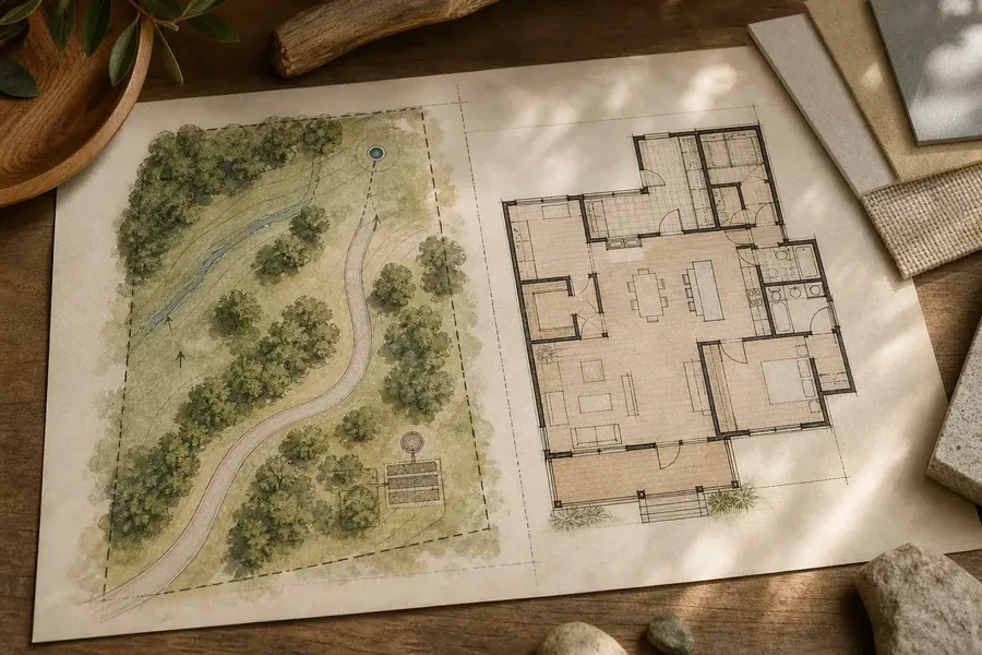 Site Planning and House Design Architectural planning sheet showing a wooded site plan with a winding driveway beside a detailed house floor plan, surrounded by material samples on a wooden table