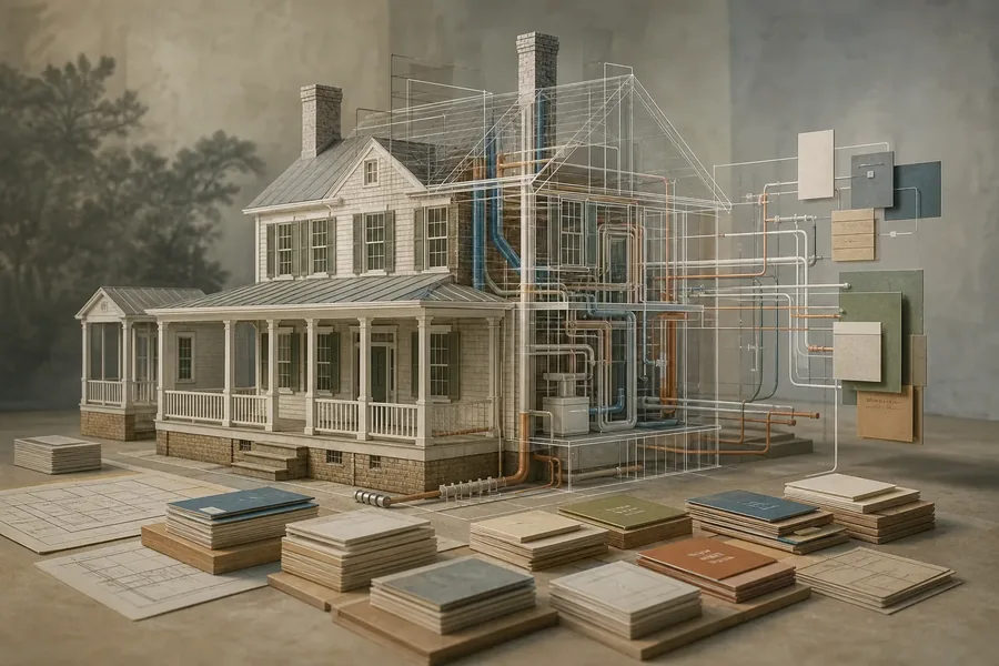 Traditional Home Renovation Planning Concept Architectural concept rendering of a traditional two-story house with a porch, partially overlaid by wireframe construction lines and exposed utility pipes, surrounded by plans and material samples.