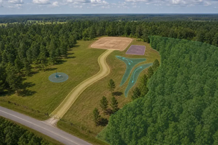 Aerial conceptual view of a wooded rural parcel with overlays marking a driveway, building pad, utility or wastewater area, drainage paths, a well, and retained trees