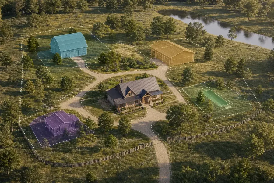 Aerial conceptual rendering of a rural property with a central house, looping driveway, fences, trees, and a pond, plus color-coded outlines for two additional buildings, a barn, and a recreation court.