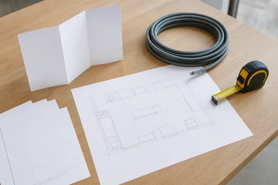 Concept image of coordinating equipment specifications and utilities Blank equipment papers and measuring tape on a planning table
