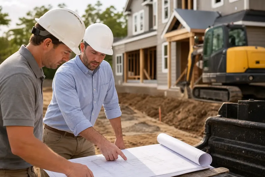 Source image for CDG Guide Organizes Utility Questions Around Proposed Business Equipment Two people in hard hats looking over drawings beside a building site and excavator