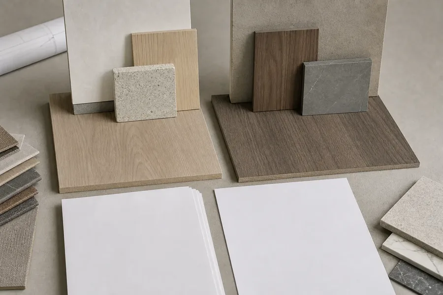 Two unbranded finish samples beside blank specification papers