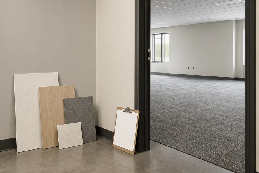 Empty commercial interior with finish samples and an unmarked clipboard