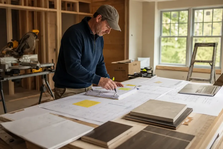 Source image for CDG Guide Tracks Proposed Product Substitutions Before Ordering A person reviewing drawings beside material samples and a laptop in an unfinished room