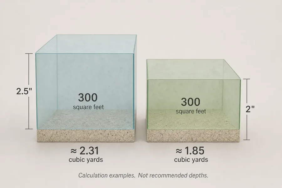 Two translucent rectangular diagrams above speckled aggregate bases compare 300 square feet at depths of 2.5 inches and 2 inches, labeled approximately 2.31 and 1.85 cubic yards. A note says these are calculation examples, not recommended depths.