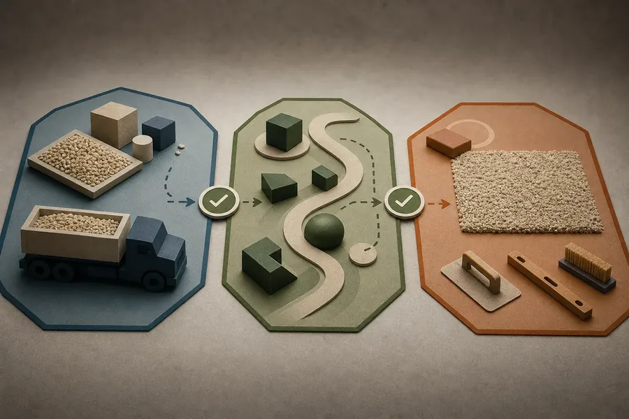 Three-panel miniature-style illustration showing a truck loaded with pale aggregate, a winding path among geometric obstacles, and an aggregate surface beside a trowel, level, and brush, connected by dashed arrows and check marks.