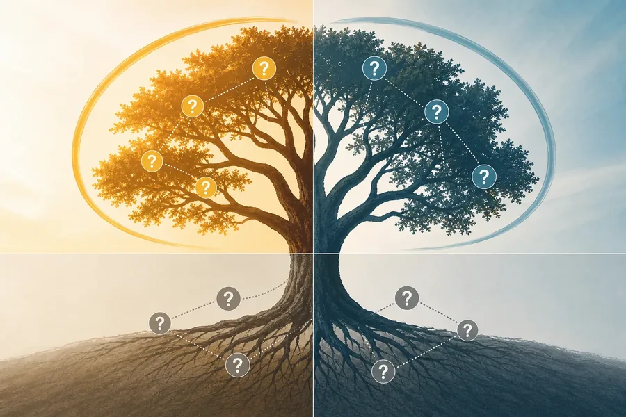 Illustrated tree with exposed roots, divided into warm gold and cool blue halves, with question-mark circles connected by dotted lines across the canopy and roots.