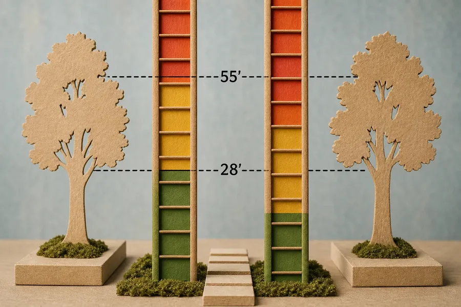 Two tan tree cutouts flank tall ladder-like scales with green, yellow, and orange-red bands. Dashed horizontal lines labeled 28’ and 55’ cross the scales above moss-covered bases.