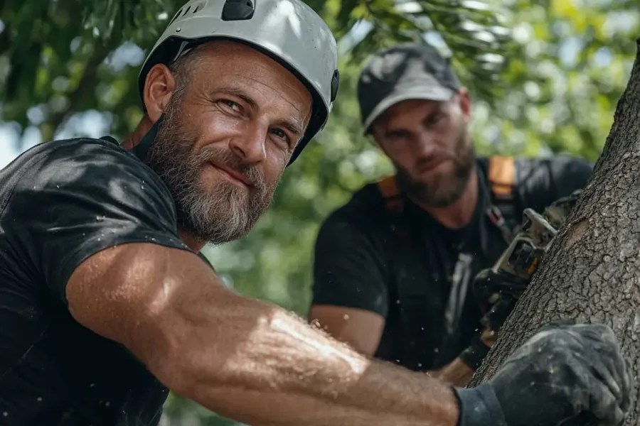 Two men beside a tree trunk, one wearing a climbing helmet and gloves, with ropes and climbing hardware visible.