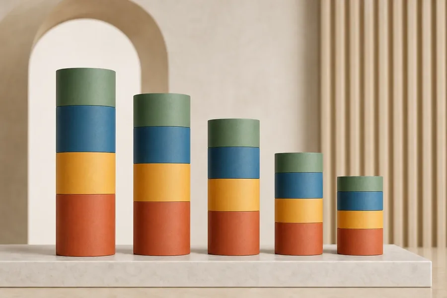 Conceptual chart of declining customer concentration Five descending stacks of red, yellow, blue, and green cylinders arranged like a bar chart on a light stone platform