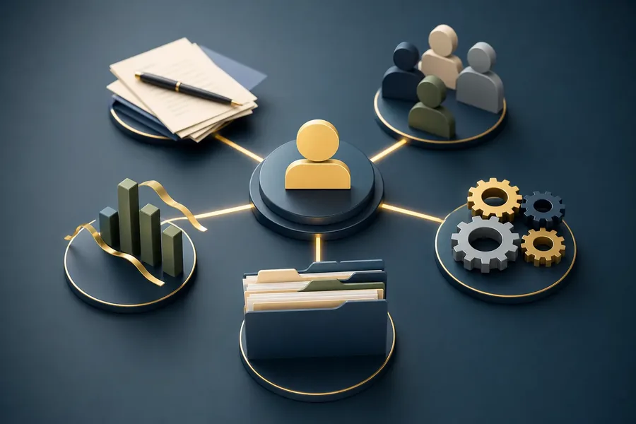 Customer Relationships, Records, and Operations Stylized business illustration with a central customer icon connected to a group of people, documents and pen, file folders, gears, and a bar chart.