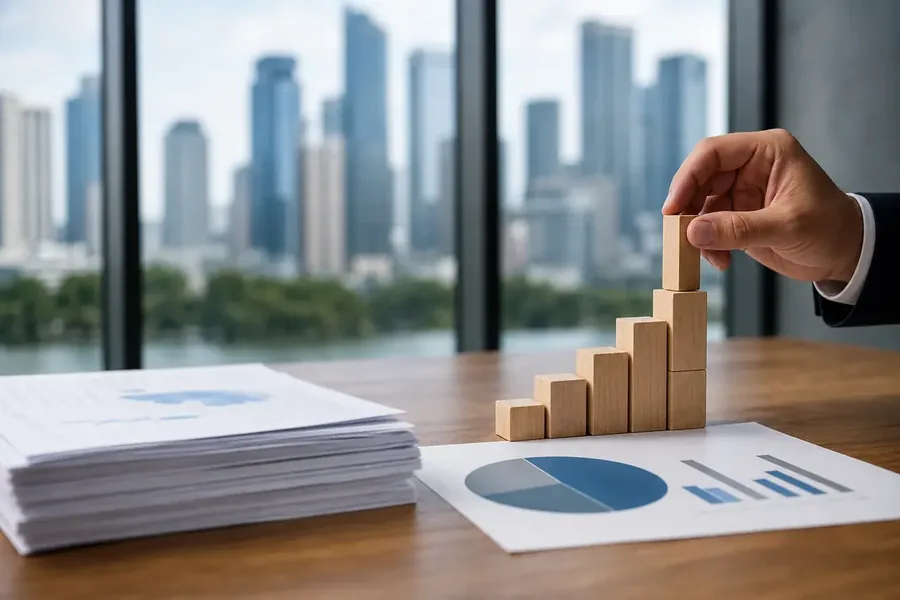 Planning to Reduce Customer Concentration Risk A businessperson's hand stacks wooden blocks into an ascending chart beside printed financial graphs on a desk, with a blurred city skyline through office windows.