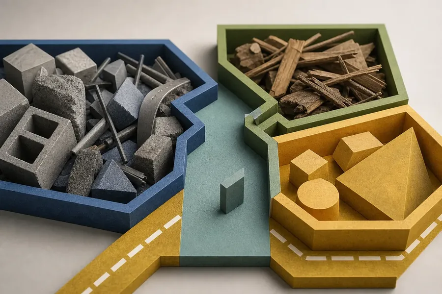 Stylized miniature diagram with concrete rubble and metal rods in a blue enclosure, wood scraps in a green enclosure, and yellow geometric blocks beside a central access lane.
