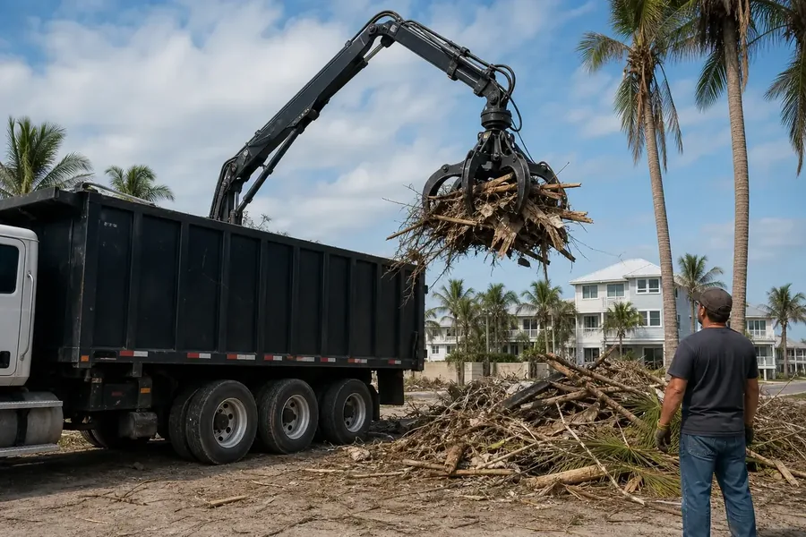 A truck-mounted grapple lifts branches and wood debris toward a black open-top truck bed while a person stands beside a debris pile, with palm trees and houses in the background.