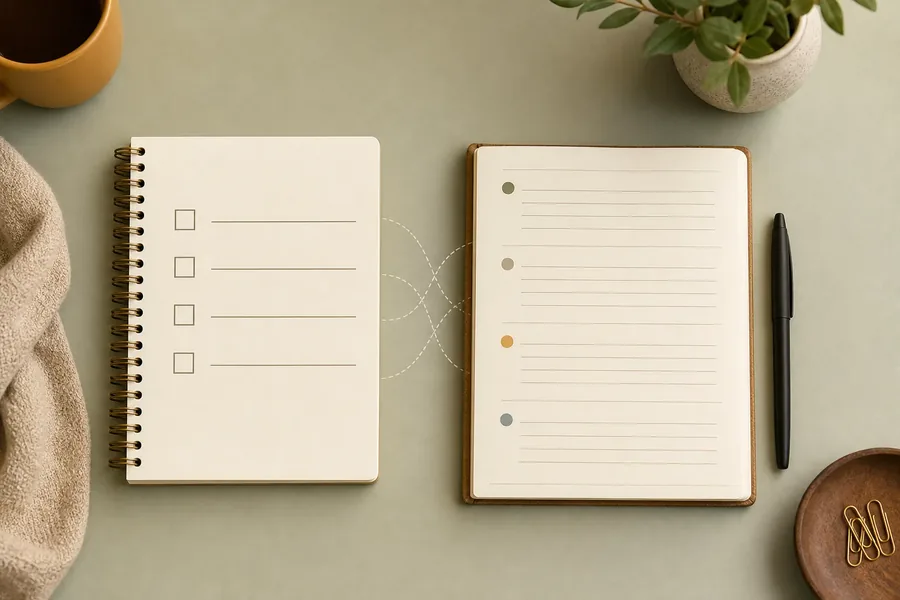 Planning meal preparation tasks Overhead view of two open notebooks with checkboxes and blank lines, beside a pen, mug, plant, towel, and paper clips.