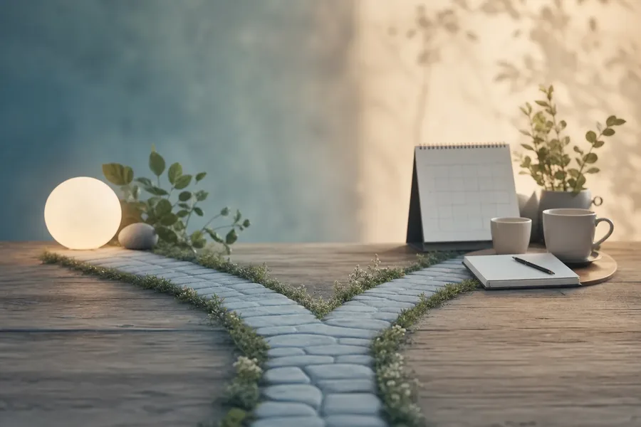 Comparing two evening meal plans A stone path forks beside two cups, a blank calendar, and a notepad on a wooden surface.