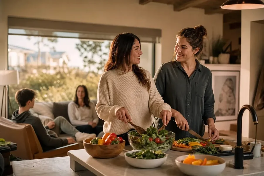 Dinner preparation in a home kitchen Two women prepare vegetables at a kitchen counter while two people sit in the living area.